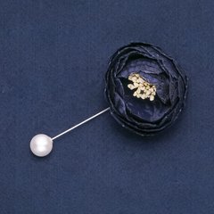 Брошка-булавка з квіткою з тканини "Піон" темно синій d-4см L-9см купити біжутерію дешево в інтернеті