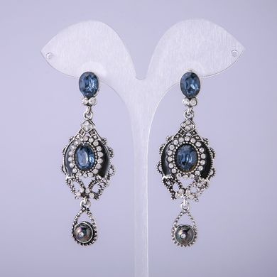 Сережки в східному стилі з синіми кристалами L-65мм купити біжутерію дешево в інтернеті