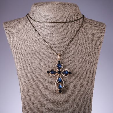 Підвіска "Хрест" з синіми кристалами на довгому ланцюжку метал "чорне золото" L-72см купити біжутерію дешево в