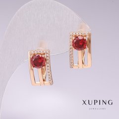 Сережки Xuping позолота 18к з каменем колір червоний та білими стразами 16х9мм купити біжутерію дешево в