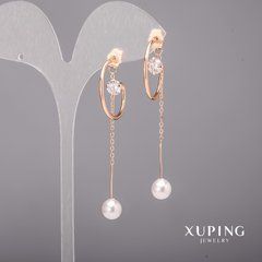 Сережки Xuping з білими каменями та перлами Майорка 23х64мм Позолота 18К