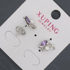 Сережки пусети кульчики Xuping з бузковими кристалами та Майоркою d-8х13мм Родій