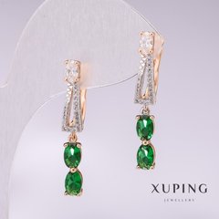 Сережки Xuping позолота 18к із зеленими каменями та білими стразами 32х5мм купити біжутерію дешево в інтернеті