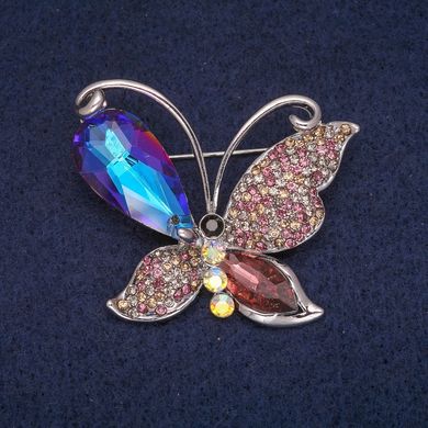 Брошка Метелик з кристалами, сріблястий метал 39х43мм купити біжутерію дешево в інтернеті