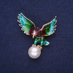 Брошка Птах Орел з перловою намистиною емаль колір морська хвиля бордовий зелений фіолетовий мм золотистий