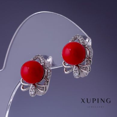 Сережки Xuping з червоними перлами Майорка 17х13мм родій купити біжутерію дешево в інтернеті