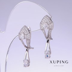 Сережки Xuping з білими цирконами L-32мм s-10мм родій купити біжутерію дешево в інтернеті