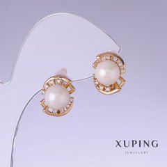 Сережки Xuping з білими перлами "Майорка" L-19мм s-11мм позолота 18к купити біжутерію дешево в інтернеті