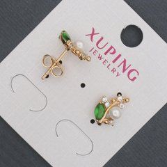 Сережки пусети кульчики Xuping із зеленими кристалами та Майоркою d-8х13мм Позолота 18К