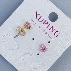Сережки пусети кульчики Xuping Серце з рожевим каменем 5мм+- позолота 18к