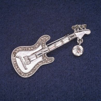 Брошка Гітара з білими і сірими стразами, сріблястий метал 22х57мм купити біжутерію дешево в інтернеті