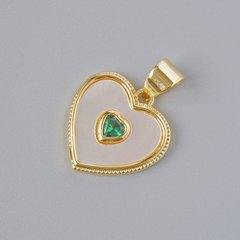 Кулон "Серце" Перламутр та зелений кристал, золотистий колір металу d-14х14мм L-19мм+- купити біжутерію дешево