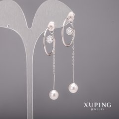 Сережки Xuping з білими каменями і перлами Майорка 22х62мм Родій купити біжутерію дешево в інтернеті