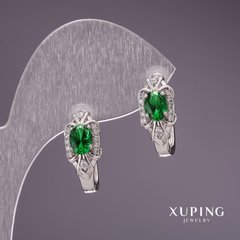Сережки Xuping з зеленими каменями 28х8мм родій купити біжутерію дешево в інтернеті